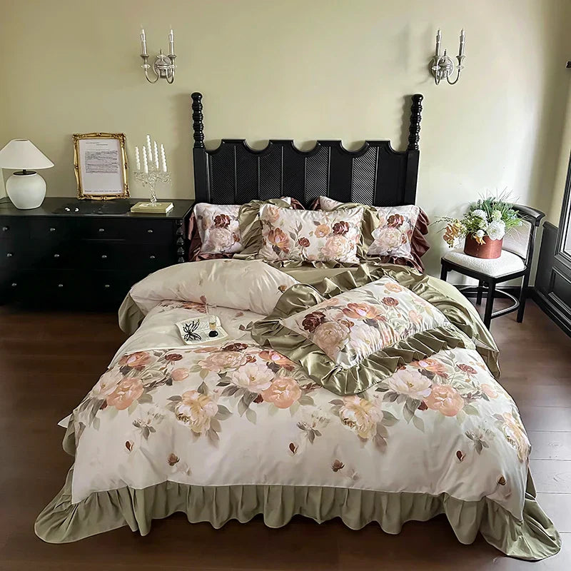 Decobites French Vintage Ruffles Bedding Set in Egyptian Cotton with Flowers Prints