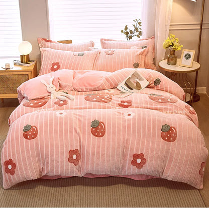 Decobites Flower Print Thicken Winter Warm Bedding Set with Sheet Pillowcases