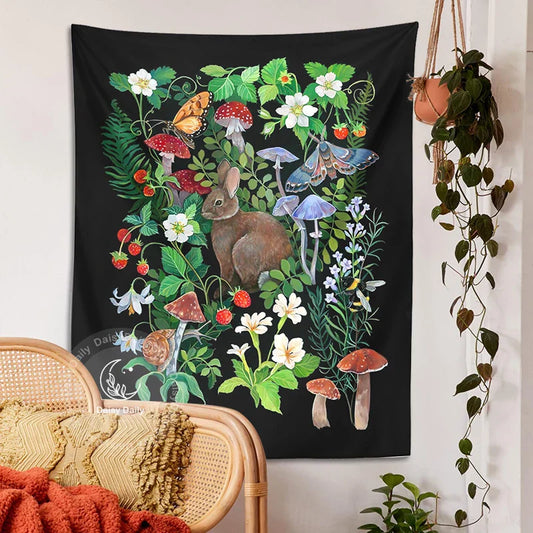 Decobites Rabbit Strawberry Garden Tapestry: Psychedelic Mushroom Flower Boho Wall Art