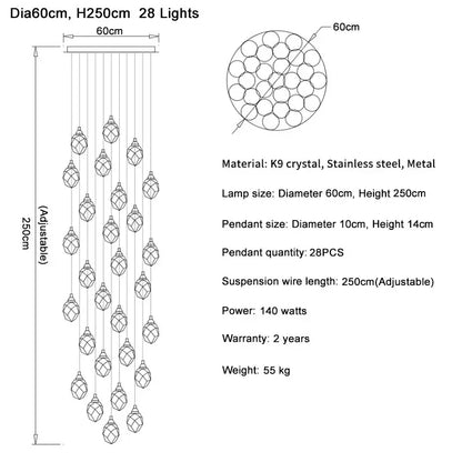 DecorBites™ Diamond Crystal Ball Chandelier, Luxury LED Light Fixture for Staircase and Living Room