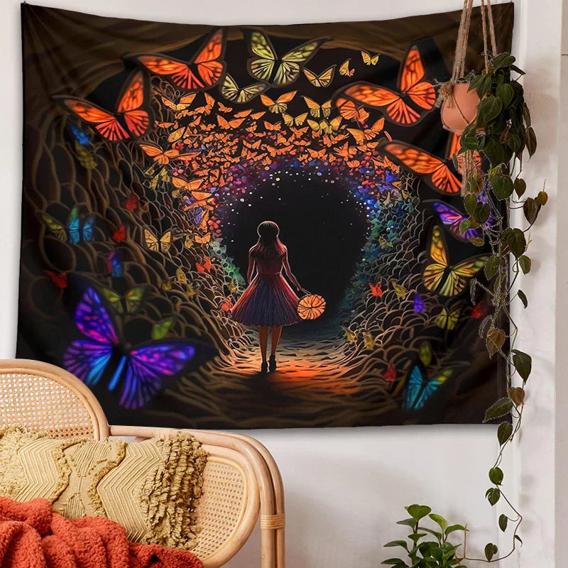 Decobites Psychedelic Girl Tapestry Wall Hanging Butterfly Cave Boho Colorful Decor