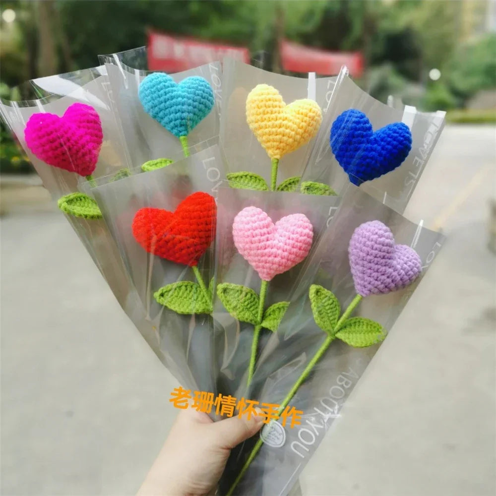 DecorBites™ Hand Woven Love Heart Yarn Crochet Flower Bouquet with Green Leafy Branch