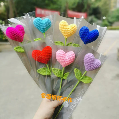 DecorBites™ Hand Woven Love Heart Yarn Crochet Flower Bouquet with Green Leafy Branch