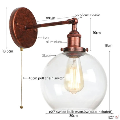 Decorbites™ Glasgloben-LED-Wandleuchte mit einarmiger Armatur Nachttischlampe im Vintage-Industrial-Stil