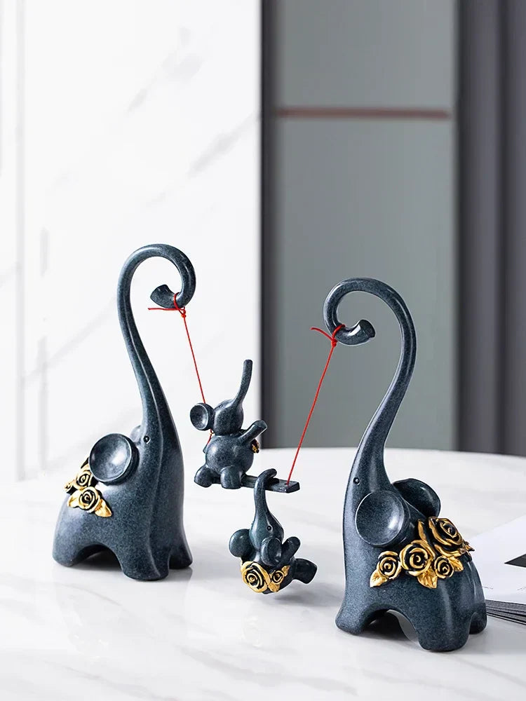 DecorBites™ Elephant Family Swing Sculpture: Resin Home Decor & Gift