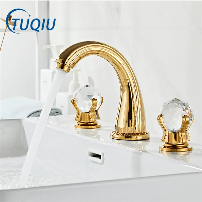 DecorBites™ Gold Crystal Handle Basin Faucet, 3 Hole Widespread Bathroom Sink Tap