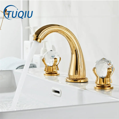 DecorBites™ Gold Crystal Handle Basin Faucet, 3 Hole Widespread Bathroom Sink Tap
