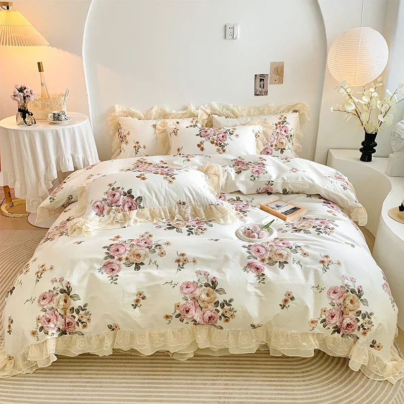 Decobites Vintage Rose Floral Double Layer Lace Ruffles 100% Cotton Bedding Set