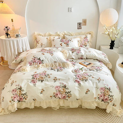 Decobites Vintage Rose Floral Double Layer Lace Ruffles 100% Cotton Bedding Set