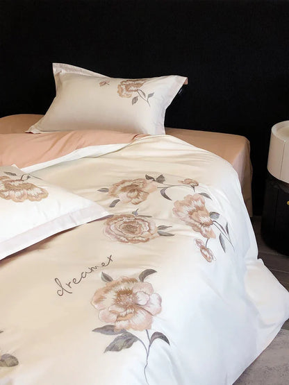 Decobites Flowers Embroidery Cotton Bedding Set Duvet Cover Flat Sheet Pillowcases 4Pcs