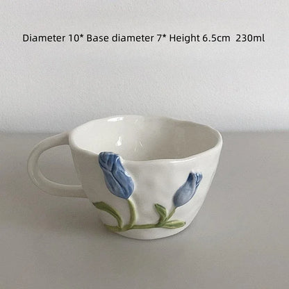 Taza de café de cerámica DecorBites™ con tulipán en relieve 3D - Taza de flor irregular hecha a mano