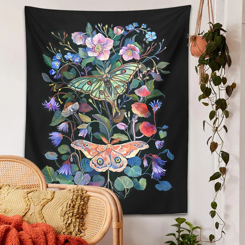 Moon Moth Tapestry Wall Hanging by Decobites - Floral Mushroom Witchcraft Wildflowers Dream Decor