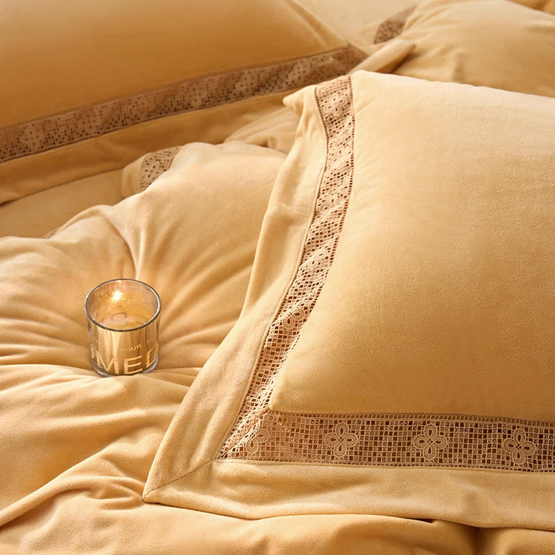 Luxury Gold Velvet Lace Duvet Bedding Set by Decobites, Cozy Furry Winter Collection