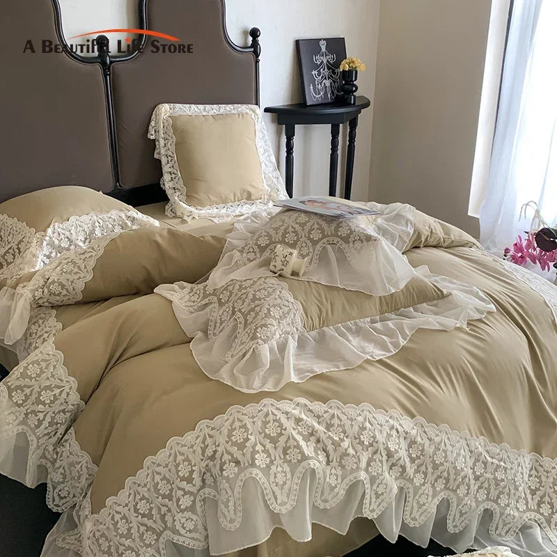 Decobites Romance Lace Ruffles Bedding Set 4Pcs, 200x230cm, Princess Wedding Theme