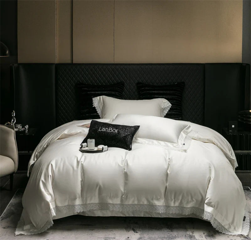 طقم مفروشات سرير DecorBites™ بحافة دانتيل فرنسية، قطن مصري 1000 خيط، مقاس كوين كينج، لحاف، ملاءة، أغطية وسائد