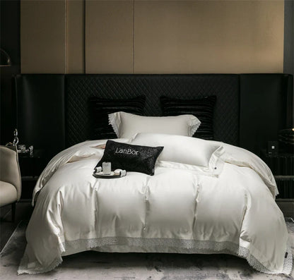 طقم مفروشات سرير DecorBites™ بحافة دانتيل فرنسية، قطن مصري 1000 خيط، مقاس كوين كينج، لحاف، ملاءة، أغطية وسائد