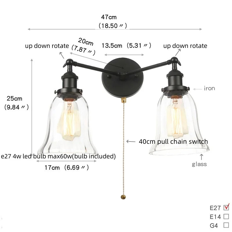 DecorBites™ Black LED Wall Sconce 2-Head Lamp for Bedroom Bathroom Mirror