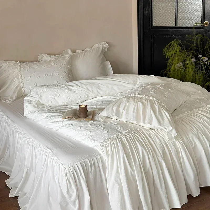 Decobites Pleat Cotton Bedding Set White King Queen Twin Double Duvet Cover