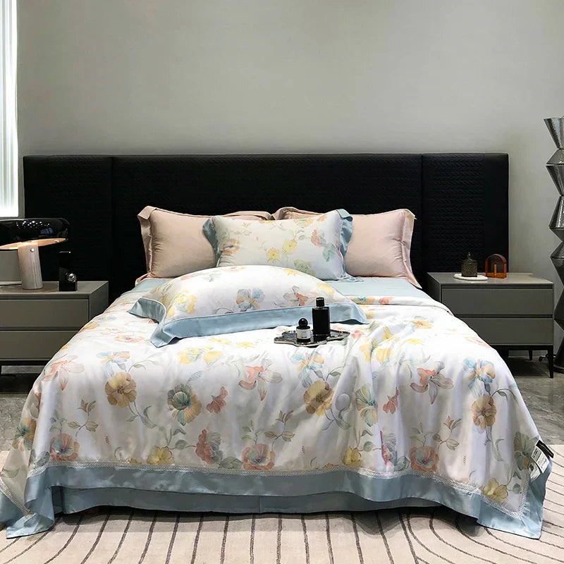 Decobites Lyocell Fiber Flowers Summer Quilt Bedding Set - Soft & Silky Comforter with Bed Sheet