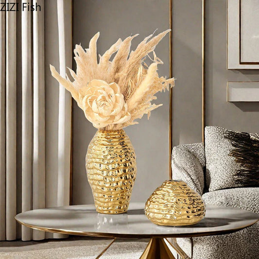 DecorBites™ Golden Wrinkle Ceramic Vase - Desk Decoration, Gold-plated Floral Pots for Aesthetic Room Decor
