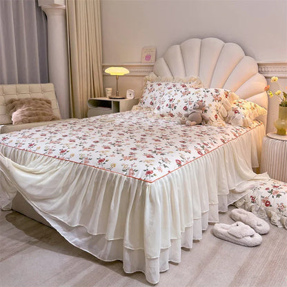 Decobites Princess Lace Ruffles Floral Bedding Set with Duvet Cover and Bed Skirt