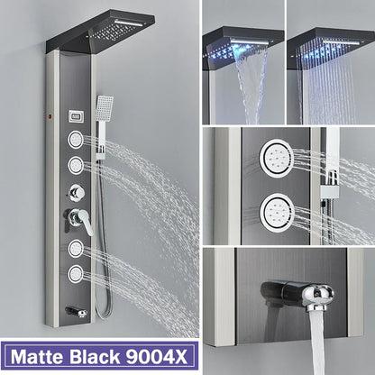 Columna de ducha DecorBites™ negra con iluminación LED, chorros de masaje y grifo mezclador tipo cascada
