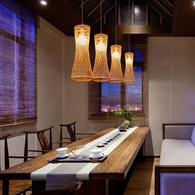 Japanese Bamboo Woven Pendant Light in Natural Finish