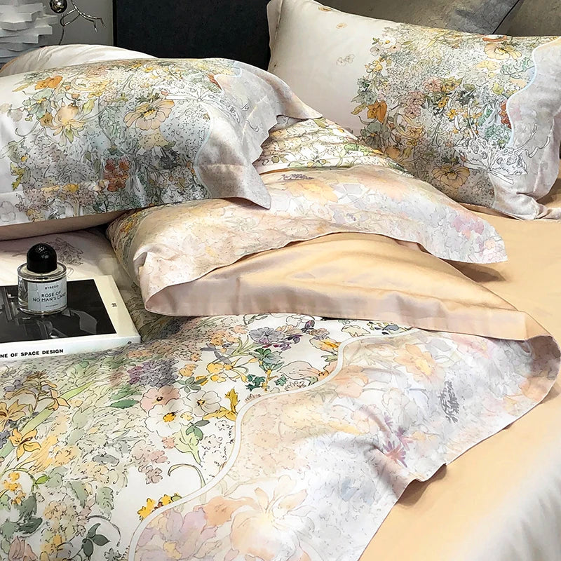 Decobites Flowers Plant Print Bedding Set: Luxe Lyocell Cotton Soft Silky Cool Duvet Cover Set