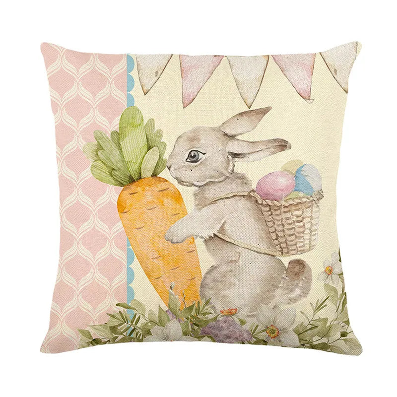 DecorBites™ Easter Bunny Rabbit Linen Cushion Cover 45x45cm - Flower Print Festival Pillowcase