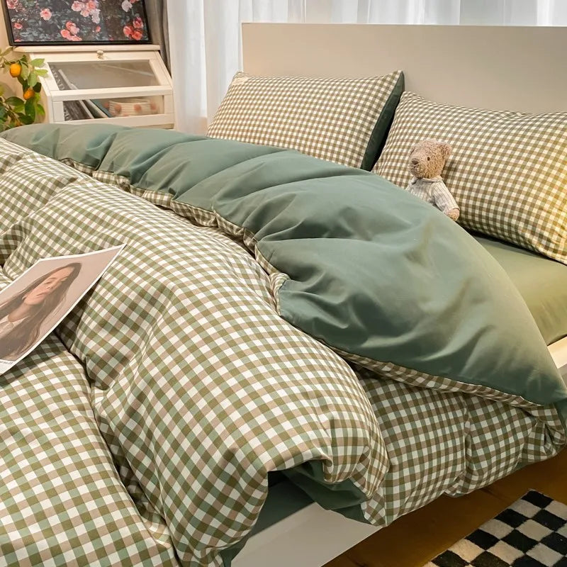 DecorBites™ Japanese Grid Printed Cotton Bedding Set in Queen/King for Cozy Sleep