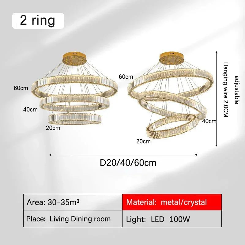 DecorBites™ Golden Crystal Chandelier: Nordic Modern Luxury LED Hanging Halo for Living Room