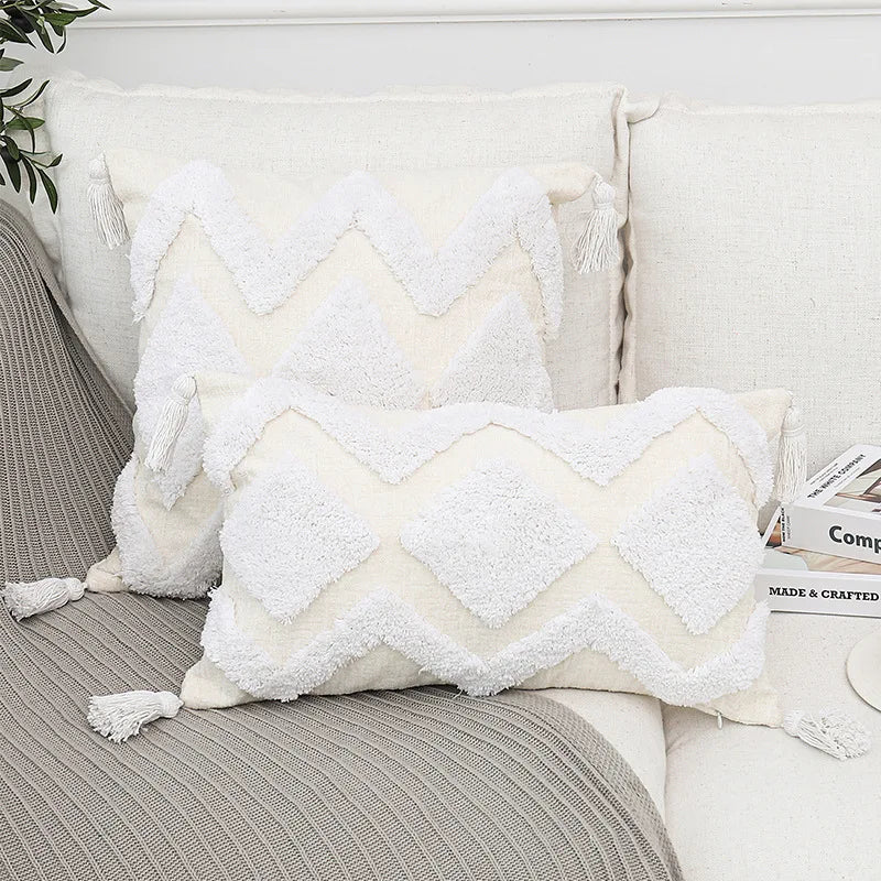 DecorBites™ Bohemian Chenille Pillowcase Geometric Pattern Tufted Tassel Sofa Cushions