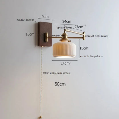 DecorBites™ Clear Glass Copper LED Wall Light with Pull Chain Switch & Walnut Wood Canopy