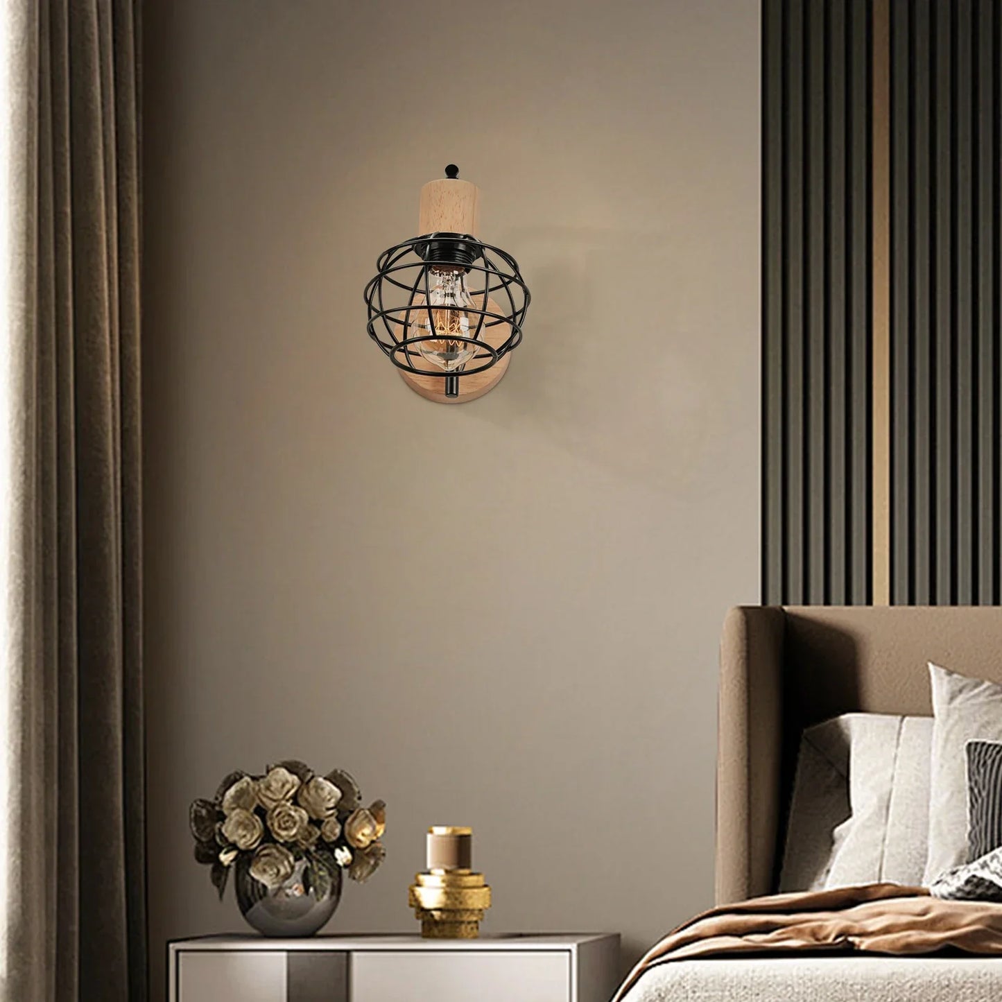 Lámpara de pared DecorBites™ de hierro y madera: aplique nórdico para interiores, ideal para dormitorio, sala de estar o restaurante.