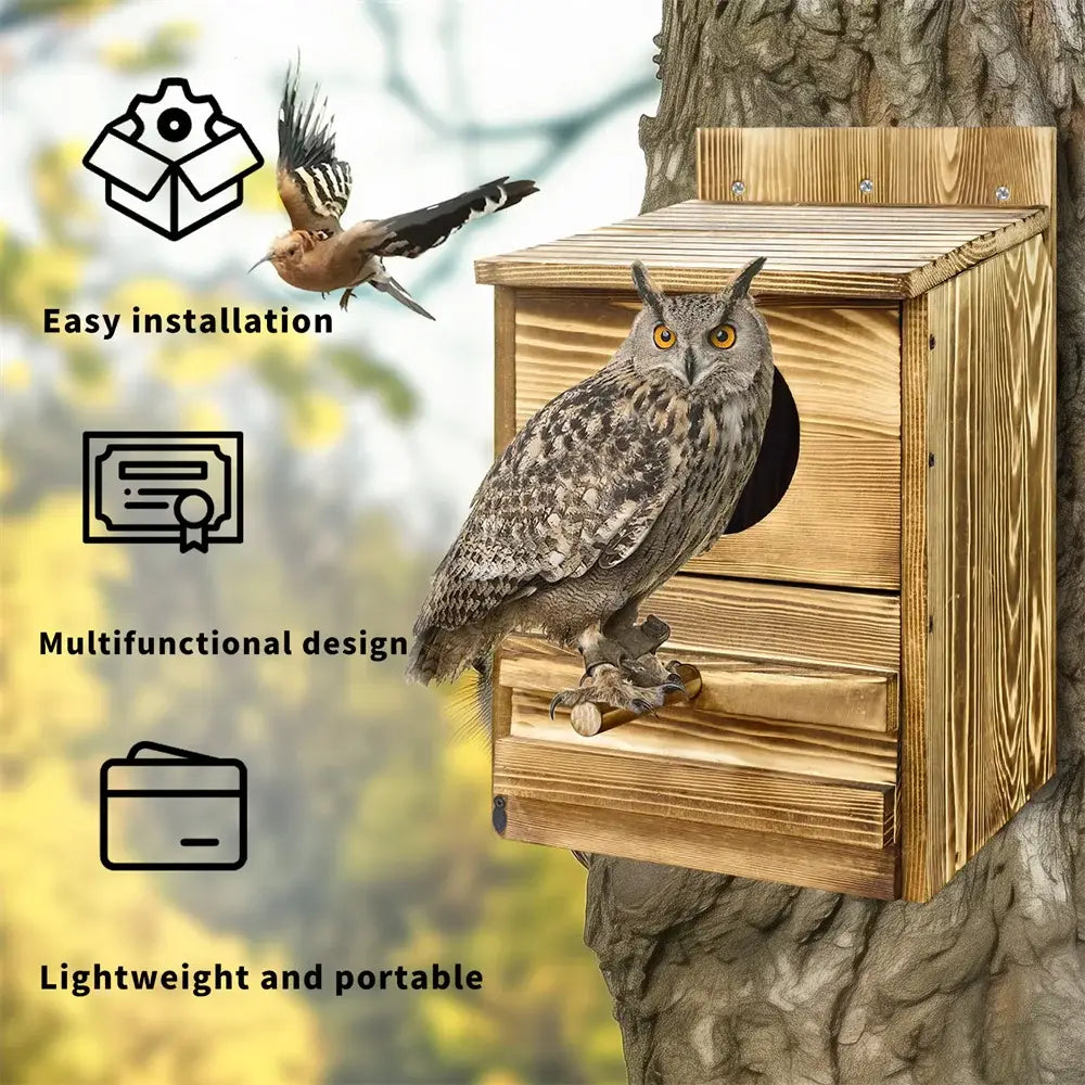 DecorBites™ Handmade Wooden Screech Owl House - Outdoor Nesting Box