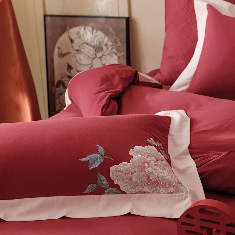 Decobites Luxury Chinese Flowers Embroidery Wedding Bedding Set Pillowcases