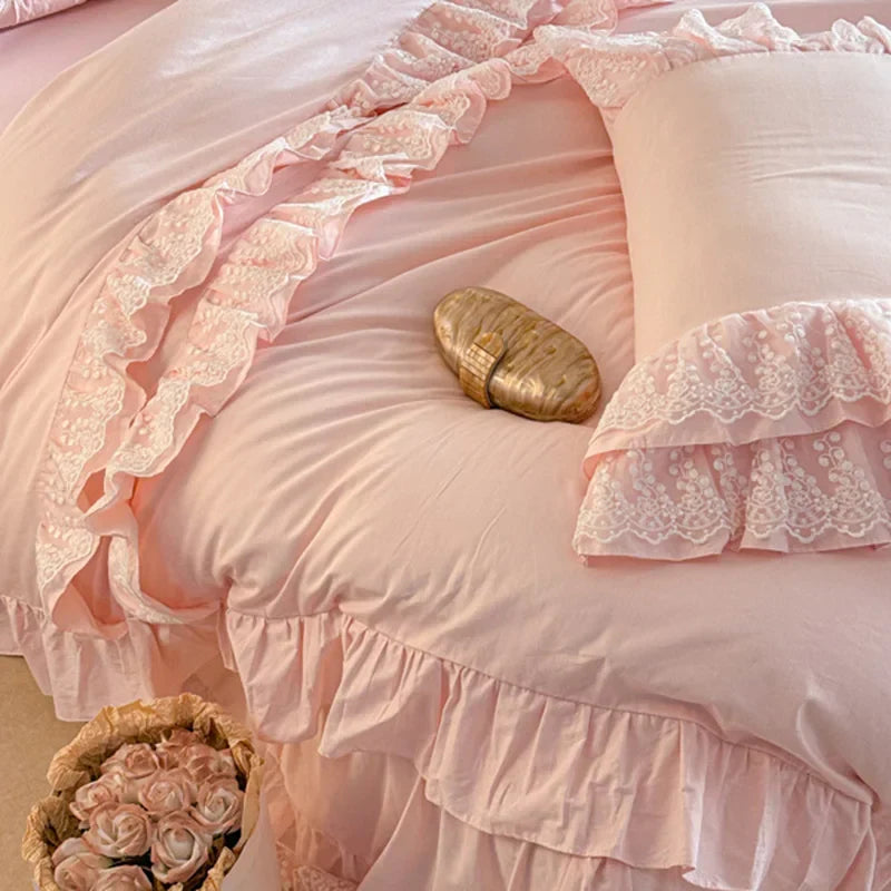 Decobites Pink Lace Ruffles Princess Style Cotton Bedding Set with Bed Skirt and Pillowcases