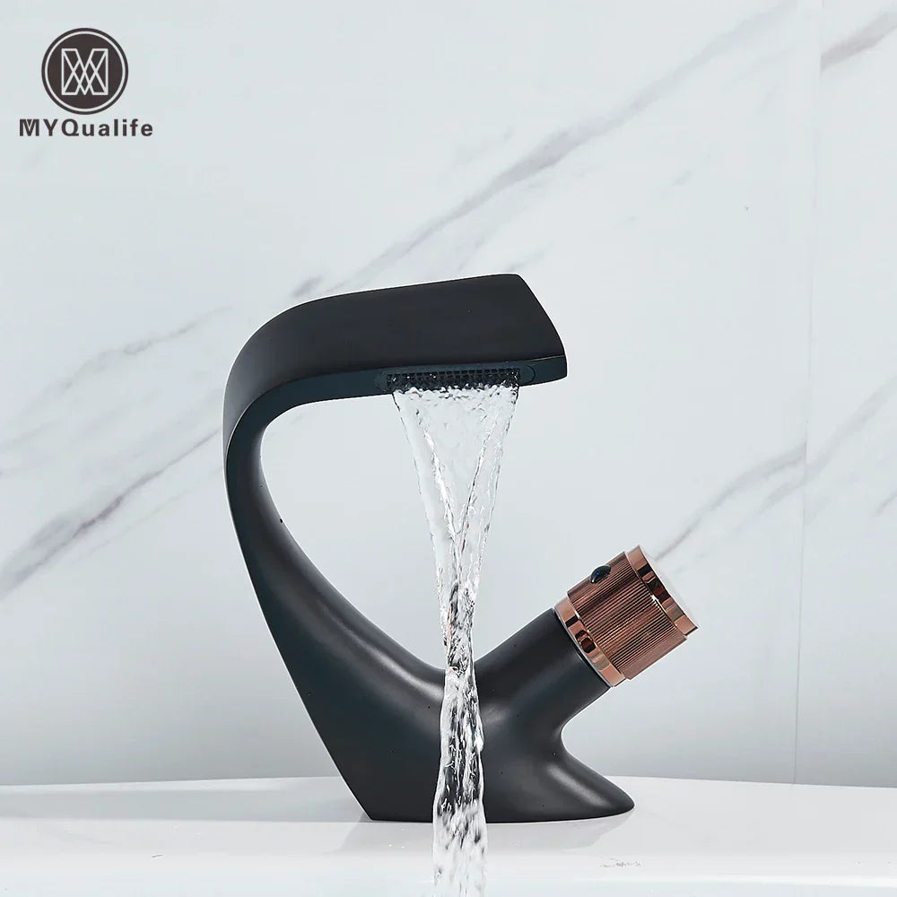 DecorBites™ Black Brass Basin Faucet - Cold & Hot Waterfall Sink Tap