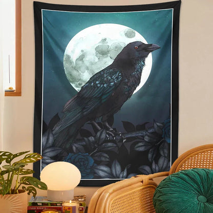 Decobites Raven & Moon Gothic Tapestry Wall Hanging for Dark Rose Bird Lover Room