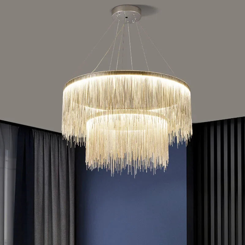 DecorBites™ LED Aluminum Tassel Chandelier: Modern Waterfall Pendant Light for Living Room, Hotel, Hall