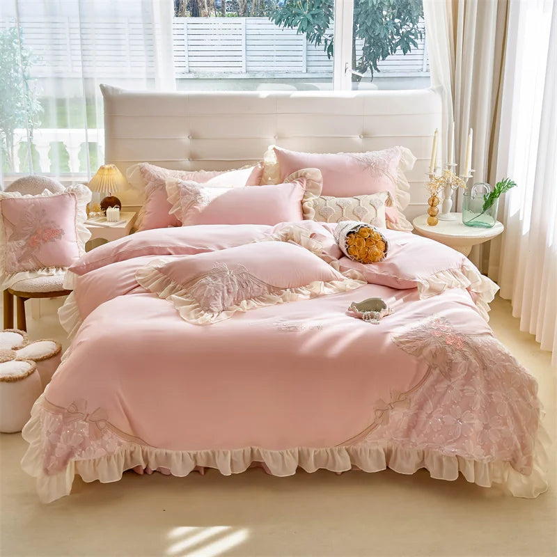 Decobites Pink Butterfly Embroidery Lace Princess Wedding Bedding Set