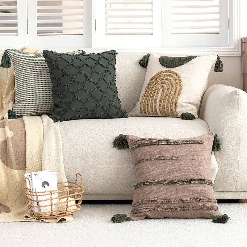 DecorBites™ Green Coffee Geometric Tuft Tassel Cushion Cover - Modern Minimalist Embroidered Pillowcase