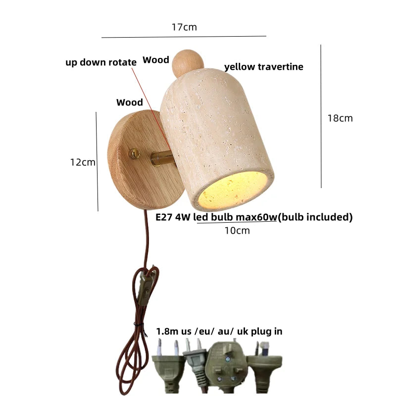 DecorBites™ LED Wall Light Fixture Up Down Rotate Pull Chain Switch Yellow Travertine Wood