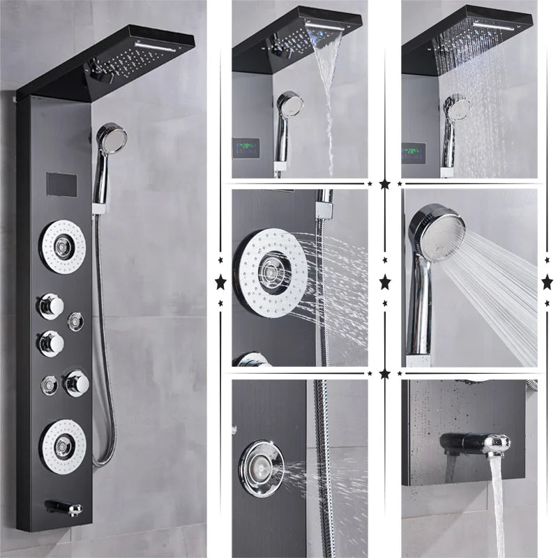 DecorBites™ LED Rainfall Shower Panel System with Temperature Screen & Massage SPA