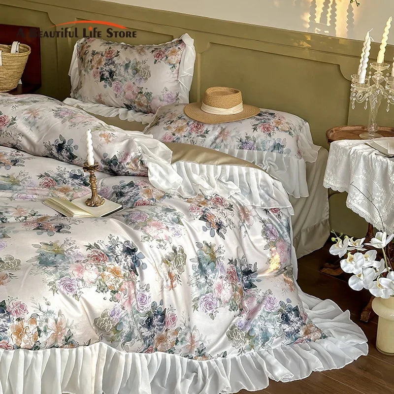 Decobites French Flowers Lace Ruffles Princess Bedding Set with 1000TC Egyptian Cotton