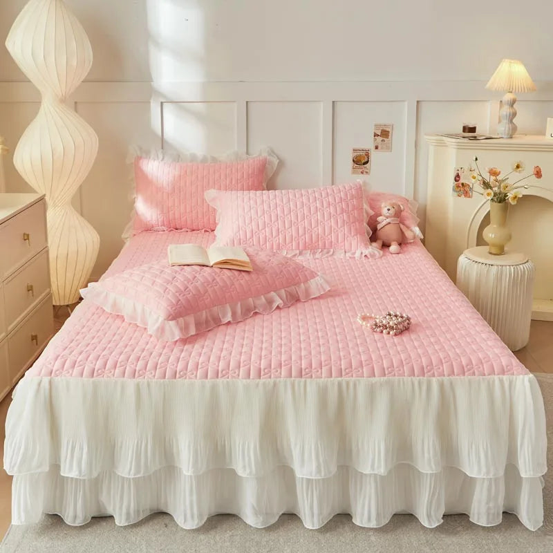 Decobites Lace Ruffles Cooling Bed Skirt Set with Pillowcases