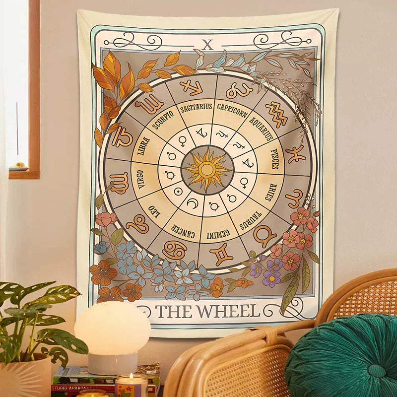 Decobites Wheel of Fortune Tarot Tapestry: Zodiac Astrology Celestial Wall Hanging Art