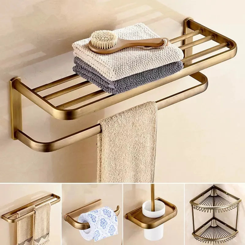 DecorBites™ Antique Bronze Bathroom Accessory Set: Shelf, Towel Rack, Holder, Brush, Hanger, Hook