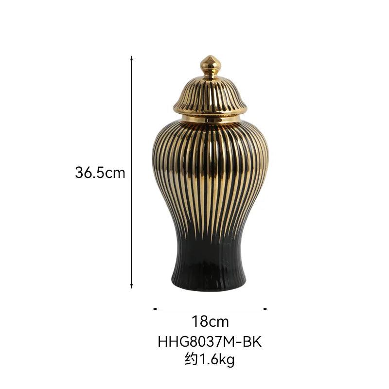 DecorBites™ Black Ceramic Checkmate Ginger Jar Vase with Gold Rim