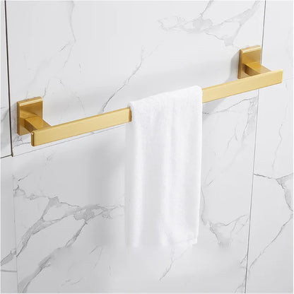 DecorBites™ Brushed Gold Bathroom Set: Shelf, Towel Rack, Holder, Toilet Brush - Bath Hardware